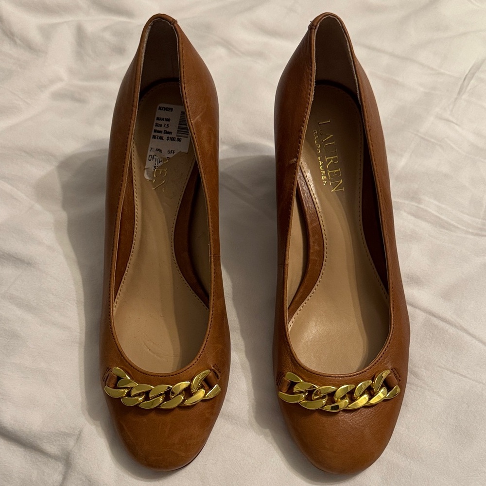 Lauren Ralph Lauren Brown Leather Pumps with Gold Chain Accent